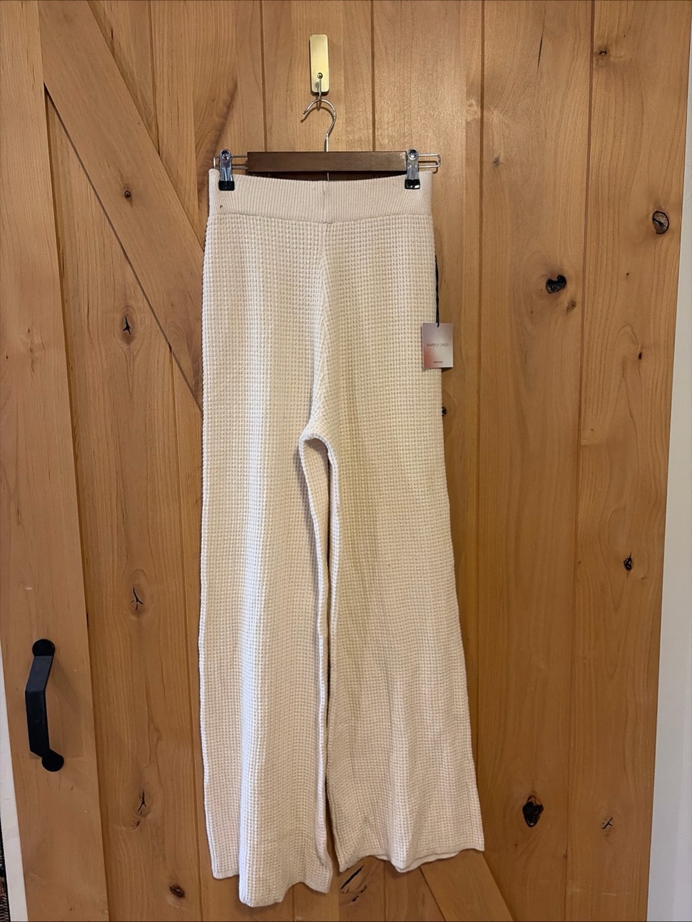 Happily Grey Waffle Knit Wide Leg Pants Cream Oatmeal Sweater Trousers Large NWT
